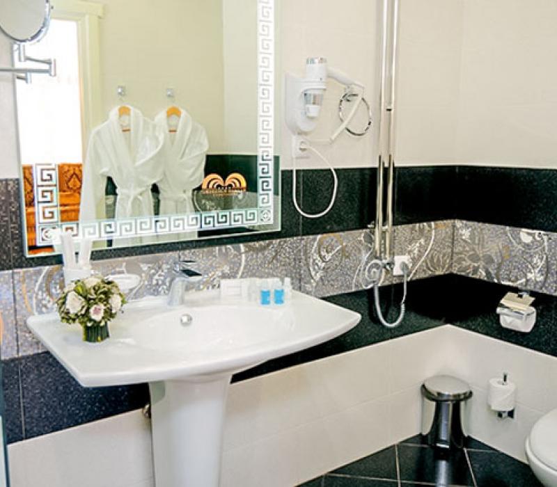 Оснащение ванной комнаты в номере 2 местный 1 комнатный Студия Люкс санатория Целебный Нарзан в Кисловодске